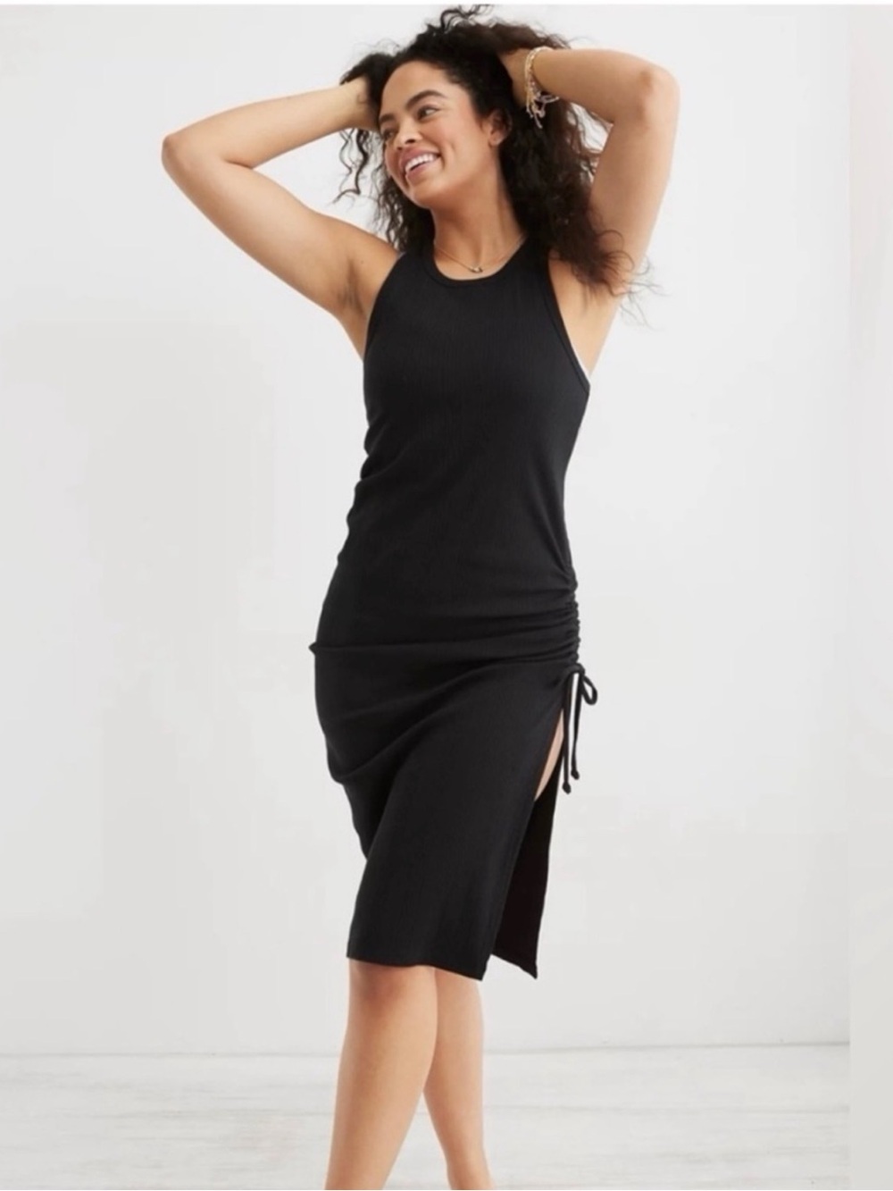 aerie Black Ribbed Tank Dress with Side Tie